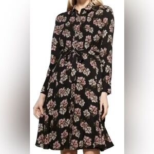 Nanette Lepore Size 2 Black Elegant Floral Pintuck Tie Waist Buttoned Dress